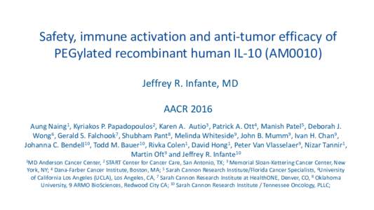 Safety, immune activation and anti-tumor efficacy of PEGylated recombinant human IL-10 (AM0010) Jeffrey R. Infante, MD AACR 2016 Aung Naing1, Kyriakos P. Papadopoulos2, Karen A. Autio3, Patrick A. Ott4, Manish Patel5, De