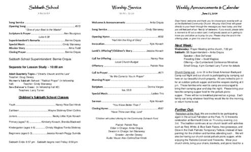 Sabbath School  Worship Service 9:30-10:35