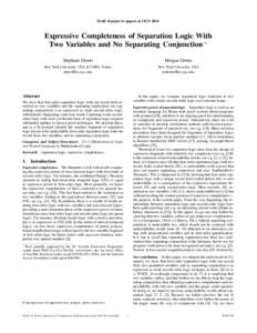 Draft of paper to appear at LICSExpressive Completeness of Separation Logic With Two Variables and No Separating Conjunction ∗ Stéphane Demri