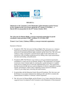 MOLDOVA: Submission to the Committee on the Elimination of Discrimination against Women for the Adoption of the List of Issues during the 54th Session (11 February – 1 March 2013), in preparation for the 56th Session (