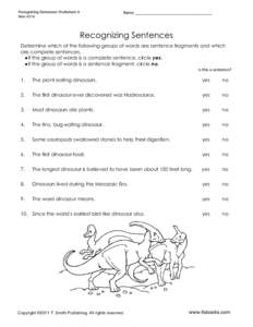Recognizing Sentences Worksheet A :Dinosaur Theme