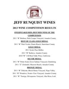 JEFF RUNQUIST WINES 2013 WINE COMPETITION RESULTS SWEEPSTAKES RED; BEST RED WINE OF THE COMPETITION 2011 “R” Barbera, Dick Cooper Vineyard, Amador County BEST OF CLASS, GOLD MEDAL