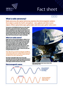 Fact sheet Fact sheet What is radio astronomy? Radio astronomy, like optical astronomy, examines the electromagnetic radiation from objects outside the Earth’s atmosphere – stars, galaxies and other cosmic