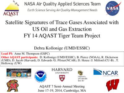Satellite Signatures of Trace Gases Associated with US Oil and Gas Extraction FY 14 AQAST Tiger Team Project Debra Kollonige (UMD/ESSIC) Lead PI: Anne M. Thompson (GSFC) Other AQAST participants: D. Kollonige (UMD/ESSIC)