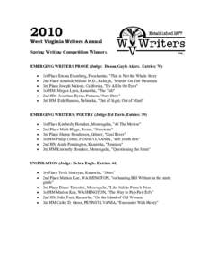 2010 West Virginia Writers Annual Spring Writing Competition Winners EMERGING WRITERS PROSE (Judge: Donna Gayle Akers. Entries: 70) • •