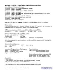 General License Examination – Memorization Sheet General Class HF Frequency Privileges 10 meters 28000 – 29700 kHzphone) 12 meters 24890 – 24990 kHz