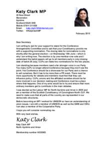 Katy Clark MP 45 New Street Stevenston Ayrshire Scotland KA20 3HD Mobile
