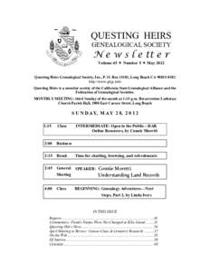 QUESTING HEIRS GENEALOGICAL SOCIETY N e w s l e tt e r Volume 45  Number 5  May 2012