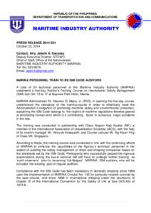 REPUBLIC OF THE PHILIPPINES DEPARTMENT OF TRANSPORTATION AND COMMUNICATIONS MARITIME INDUSTRY AUTHORITY PRESS RELEASEOctober 22, 2014