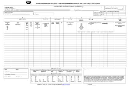 TEST RECORD SHEET FOR POTENTIALLY EXPLOSIVE ATMOSPHERE (Intrinsically Safe or other Energy Limiting systems) Accompanying Ex Sub-System Completion Certificate No. EX Customer Name: _______________________________________