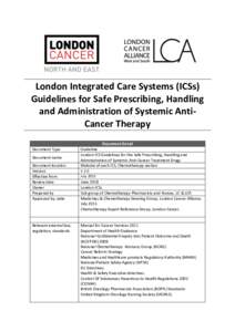 London Integrated Care Systems (ICSs) Guidelines for Safe Prescribing, Handling and Administration of Systemic AntiCancer Therapy Document Type Document name Document location