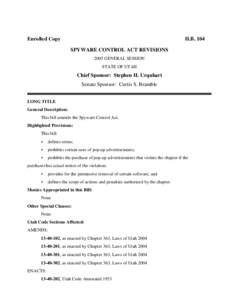 Enrolled Copy  H.B. 104 SPYWARE CONTROL ACT REVISIONS 2005 GENERAL SESSION STATE OF UTAH