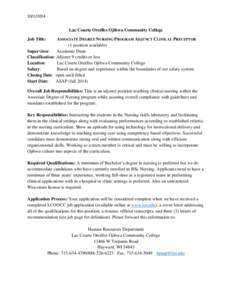 [removed]Lac Courte Oreilles Ojibwa Community College Job Title:  ASSOCIATE DEGREE NURSING PROGRAM ADJUNCT CLINICAL PRECEPTOR