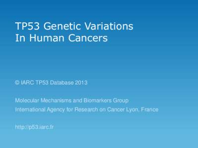 TP53 Genetic Variations In Human Cancers © IARC TP53 Database 2013 Molecular Mechanisms and Biomarkers Group