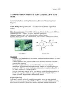 January, 2005  NTP NOMINATION FOR USNIC ACID AND USNEA BARBATA HERB. Submitted by the Food and Drug Administration, Division of Dietary Supplement Programs