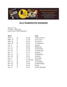 2012 WASHINGTON REDSKINS Record: 10-6 1st Place – NFC East Head Coach: Mike Shanahan  2012