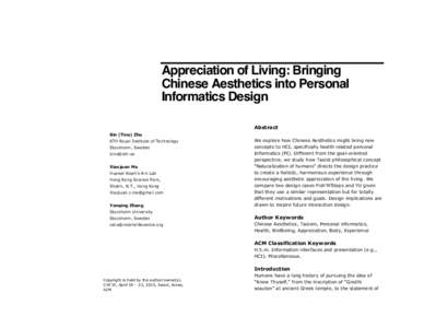 Appreciation of Living: Bringing Chinese Aesthetics into Personal Informatics Design Abstract Bin (Tina) Zhu KTH Royal Institute of Technology