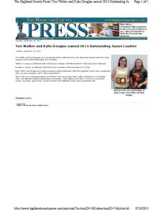 The Highland County Press | Tori Walker and Kylie Douglas named 2013 Outstanding Ju... Page 1 of 1  Tuesday, September 10, 2013 Tori Walker and Kylie Douglas named 2013 Outstanding Junior Leaders Tuesday, September 10, 2