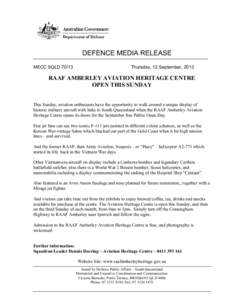 DEFENCE MEDIA RELEASE MECC SQLDThursday, 12 September, 2013  RAAF AMBERLEY AVIATION HERITAGE CENTRE