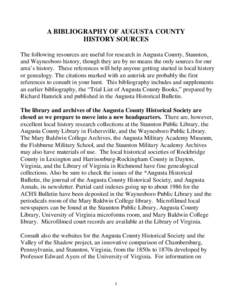 A BIBLIOGRAPHY OF AUGUSTA COUNTY HISTORY SOURCES
