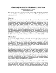 Assessing G8 and G20 Performance, 1975–2009 John Kirton, University of Toronto  Paper prepared for a panel on the “Relevance and Legitimacy of the G8 and G20” at the annual convention of the 