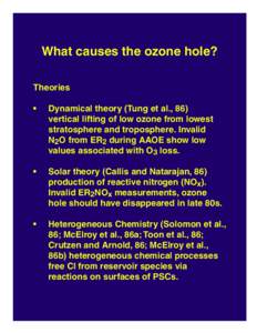 What causes the ozone hole? Theories • Dynamical theory (Tung et al., 86) vertical lifting of low ozone from lowest