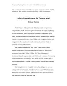Transpersonal Psychology Review, Vol. 1, No. 3, Preprint Version]  Note: A revised and updated version of this paper appears as a chapter in Daniels, MShadow, Self, Spirit: Essays in Transpersona