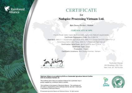 CERTIFICATE for Nedspice Processing Vietnam Ltd. Binh Duong Province, Vietnam