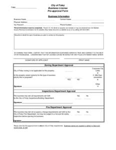 Date:____________________  City of Foley Business License Pre-approval Form Business Information