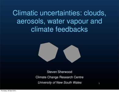 Climatic uncertainties: clouds, aerosols, water vapour and climate feedbacks Steven Sherwood Climate Change Research Centre