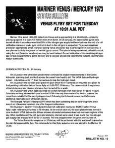MARINER VENUS / MERCURY 1973 STATUS BULLETIN VENUS FLYBY SET FOR TUESDAY