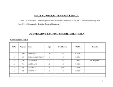 STATE CO-OPERATIVE UNION, KERALA Final List of General Candidates provisionally selected for admission to the JDC Course Commencing from June 2014 at Co-operative Training Centre, Cherthala. CO-OPERATIVE TRAINING CENTRE,