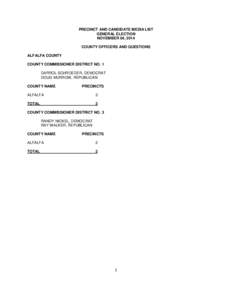 PRECINCT AND CANDIDATE MEDIA LIST GENERAL ELECTION NOVEMBER 04, 2014 COUNTY OFFICERS AND QUESTIONS ALFALFA COUNTY COUNTY COMMISSIONER DISTRICT NO. 1