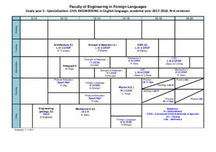 Faculty of Engineering in Foreign Languages Study year II - Specialization: CIVIL ENGINEERING in English language; academic year, first semester