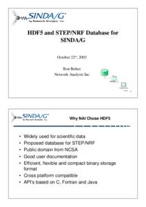 HDF5 and STEP/NRF Database for SINDA/G October 22st, 2003 Ron Behee Network Analysis Inc