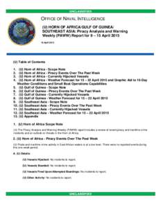 UNCLASSIFIED  OFFICE OF NAVAL INTELLIGENCE (U) HORN OF AFRICA/GULF OF GUINEA/ SOUTHEAST ASIA: Piracy Analysis and Warning Weekly (PAWW) Report for 9 – 15 April 2015