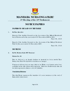 MANEABA NI MAUNGATABU 5th Meeting of the 10th Parliament NOTICE PAPER 9 PAPERS TO BE LAID ON THE TABLE 1.