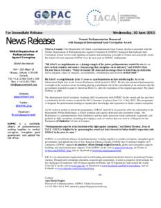 For Immediate Release  Wednesday, 10 June 2015 News Release Global Organization of