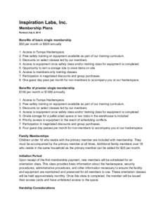    Inspiration Labs, Inc.  Membership Plans  Revised July 8, 2014 
