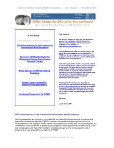: : Center for Women’s Mental Health E-Newsletter : : : Vol. 4 Issue 2 : : : November 2007 : :  Dear Readers: In This Issue