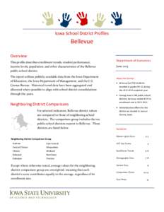 Iowa School District Profiles  Bellevue Overview This profile describes enrollment trends, student performance, income levels, population, and other characteristics of the Bellevue