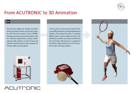 From ACUTRONIC to 3D Animation  © SBG Systems The IG-500A is a small and accurate full featured AHRS (Attitude and Heading Reference System). This product includes a complete