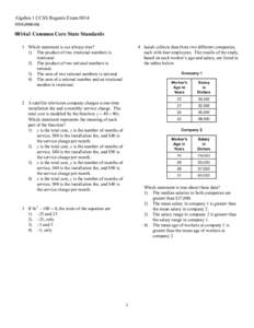 Algebra 1 CCSS Regents Exam 0814 www.jmap.org 0814a1 Common Core State Standards 1 Which statement is not always true? 1) The product of two irrational numbers is
