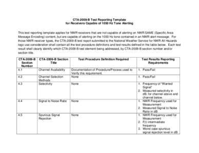 CTA-2009-B Test Reporting Template for Receivers Capable of 1050 Hz Tone Alerting This test reporting template applies for NWR receivers that are not capable of alerting on NWR SAME (Specific Area Message Encoding) conte