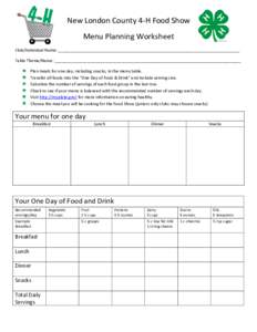 New London County 4-H Food Show Menu Planning Worksheet Club/Individual Name: _______________________________________________________________________________ Table Theme/Name: ____________________________________________
