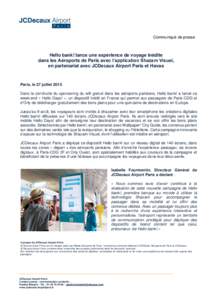 Communiqué de presse  Hello bank! lance une expérience de voyage inédite dans les Aéroports de Paris avec l’application Shazam Visuel, en partenariat avec JCDecaux Airport Paris et Havas