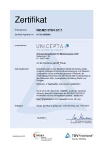 Zertifikat Prüfungsnorm ISO/IEC 27001:2013  Zertifikat-Registrier-Nr.