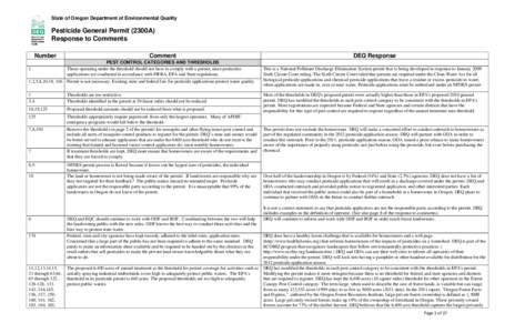State of Oregon Department of Environmental Quality  Pesticide General Permit (2300A) Response to Comments Number 1