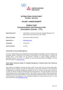 INTERNATIONAL RECRUITMENT Dresden, Germany VACANCY ANNOUNCEMENT  CONSULTANT