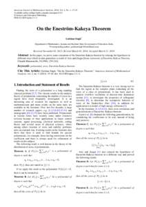 American Journal of Mathematical Analysis, 2014, Vol. 2, No. 1, 15-18 Available online at http://pubs.sciepub.com/ajma/2/1/4 © Science and Education Publishing DOI:[removed]ajma[removed]On the Eneström-Kakeya Theorem